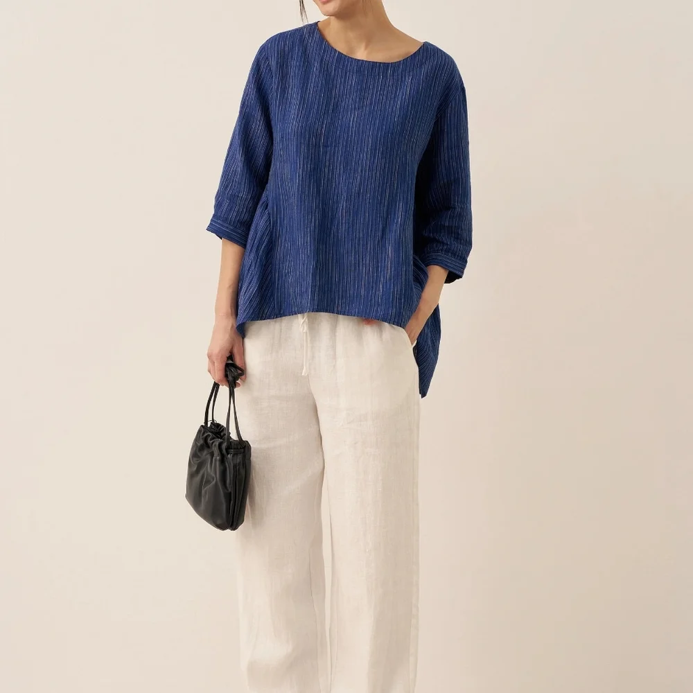 Lintico 100% Linen Florence Top Blue Women's Medium Striped Lagenlook - Picture 14 of 14